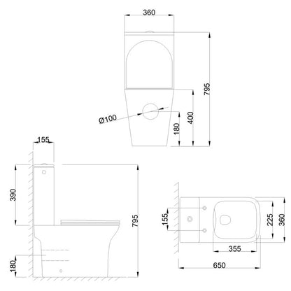 Kompakt Toilet Firkantet Uden Skyllekant Hvid Højglans 65x36 cm