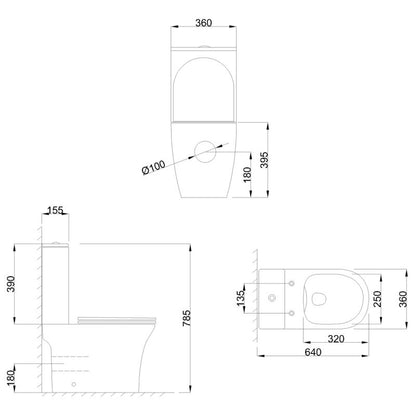 Kompakt Toilet Rundt Kantløst Hvidt 36x64 cm med Softclose Sæde