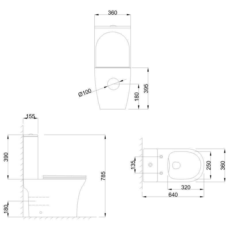 Kompakt Toilet Rundt Kantløst Hvidt 36x64 cm med Softclose Sæde