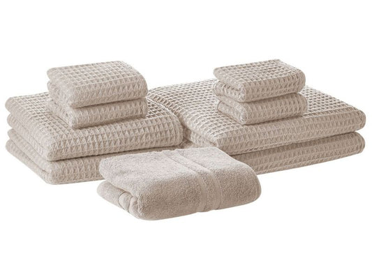 Sæt med 9 Areora bomuldshåndklæder i beige, 1 sæt