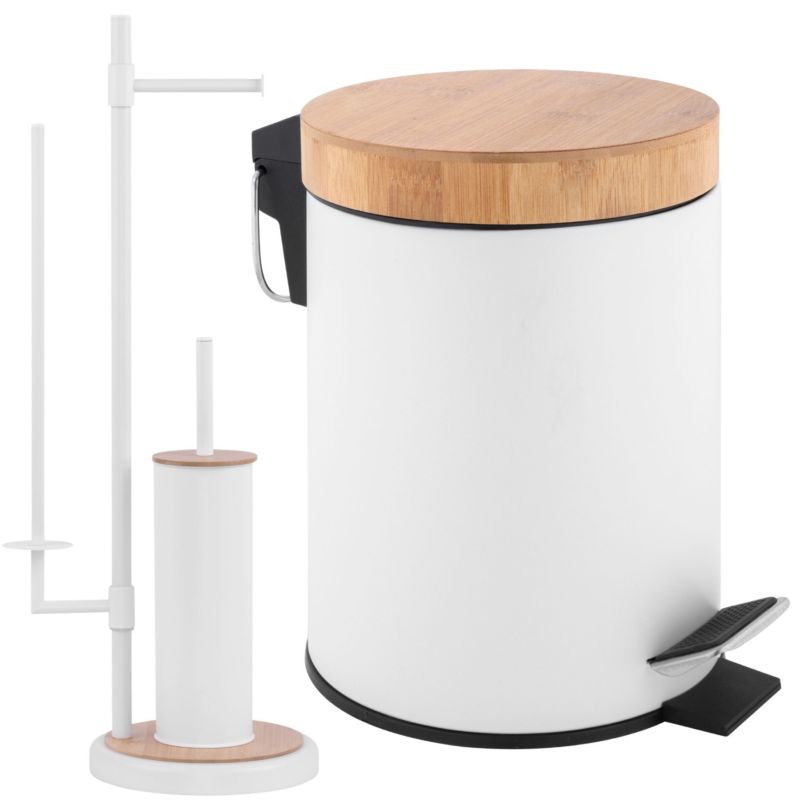 Badeværelsessæt med Pedalspand 3 L og Toiletbørsteholder Hvid/Bambus