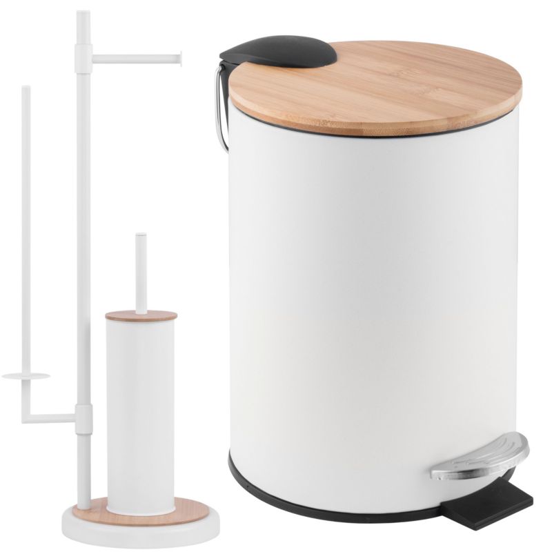 Badeværelsessæt med Pedalspand 3 L og Toiletbørsteholder Hvid/Bambus