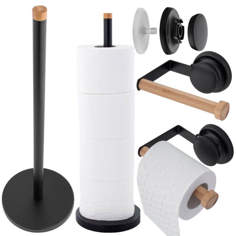 Toiletsæt med Holder og Stativ til Reservepapir Sort/Bambus 25x25x45 cm
