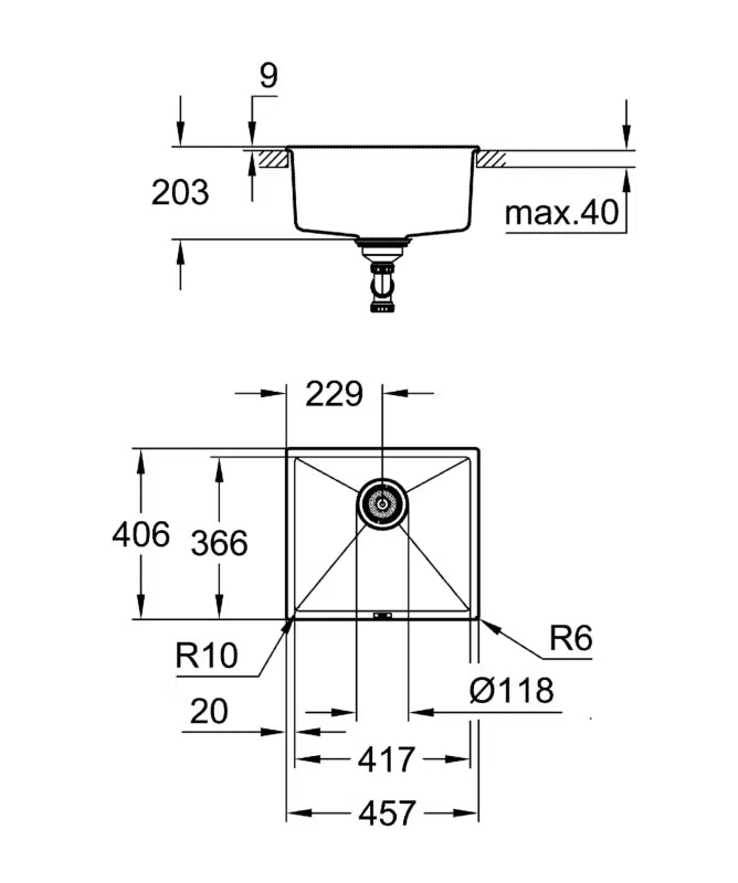 Kompositvask K700U 46x41 cm Sort Mat