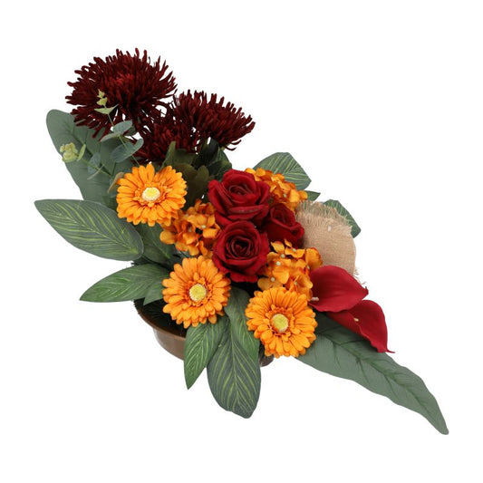 Blomsterkomposition med 14 blomster i bordeaux skål