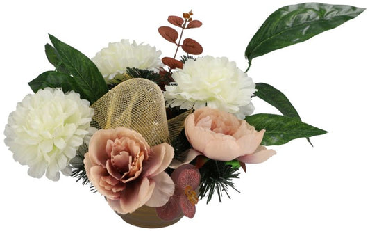Sammensætning af 5 blomster i creme-brun skål