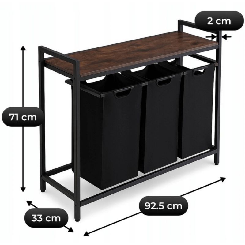 Smal Vasketøjskurv 92,5x33x71 cm Sort med Hylde 120 Liter