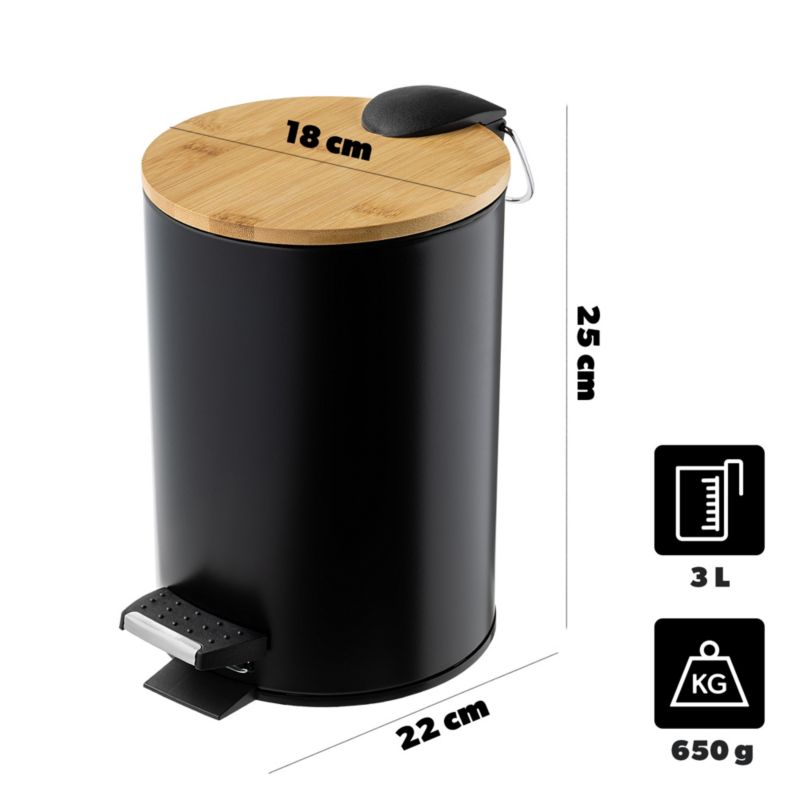 Badeværelsesspand 3 L med Pedal Bambuslåg Sort 19 x 23 x 27,5 cm
