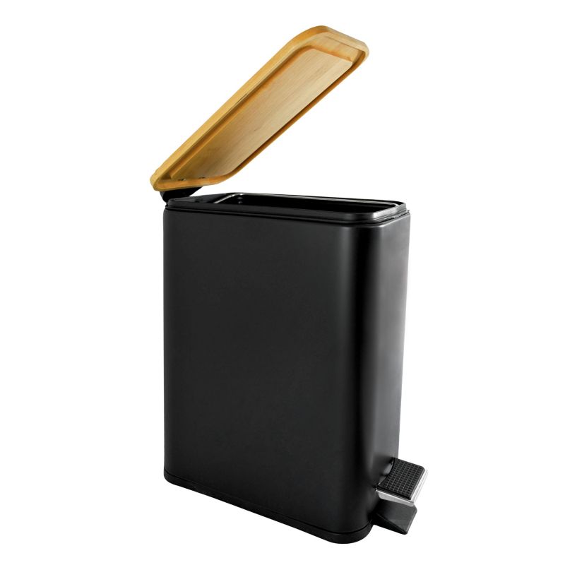 Pedalspand 6 L Sort med Bambuslåg 25,5x14x28 cm