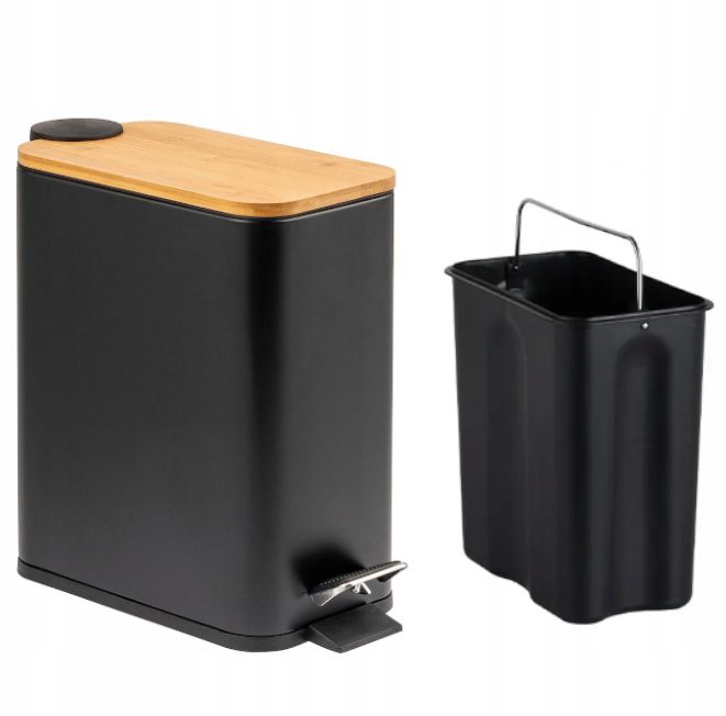 Pedalspand 6 L Sort med Bambuslåg 25,5x14x28 cm