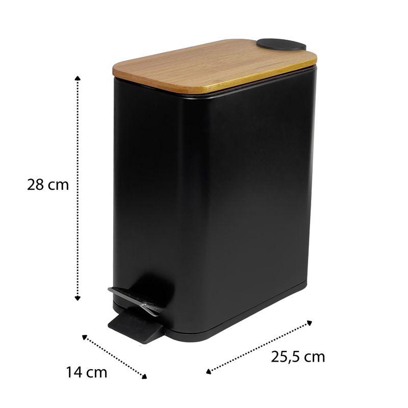 Pedalspand 6 L Sort med Bambuslåg 25,5x14x28 cm