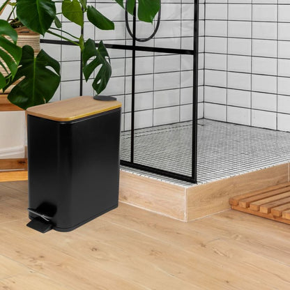 Pedalspand 6 L Sort med Bambuslåg 25,5x14x28 cm