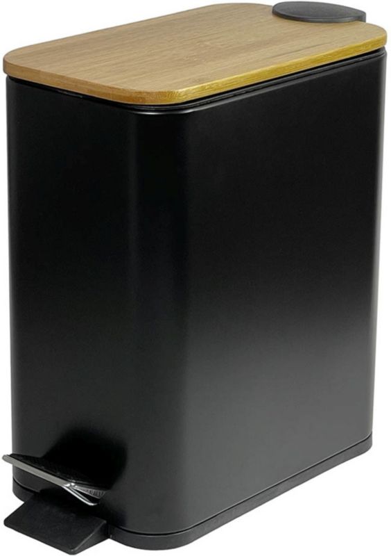 Pedalspand 6 L Sort Mat Bambuslåg Rustfrit Stål 28 x 14,5 x 28 cm