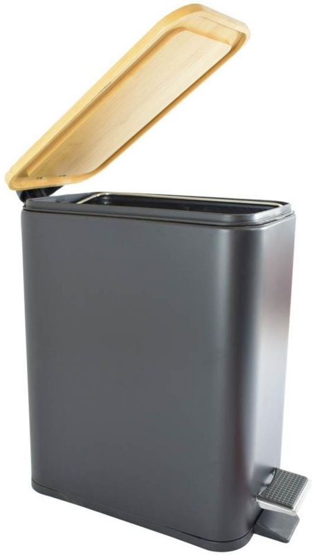 Pedalspand 6 L Sort Mat Bambuslåg Rustfrit Stål 28 x 14,5 x 28 cm