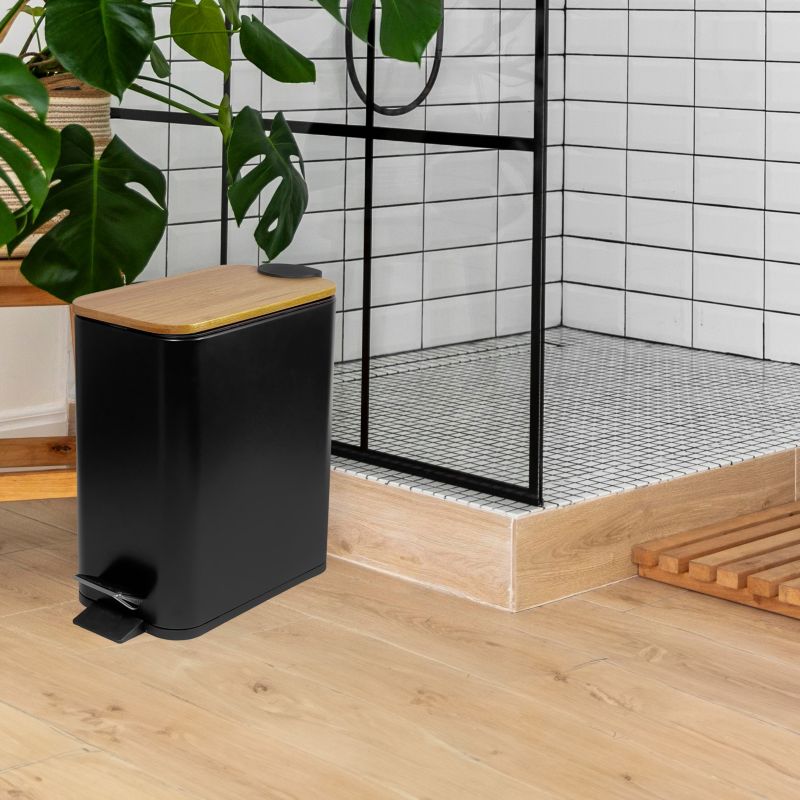 Pedalspand 6 L Sort Mat Bambuslåg Rustfrit Stål 28 x 14,5 x 28 cm