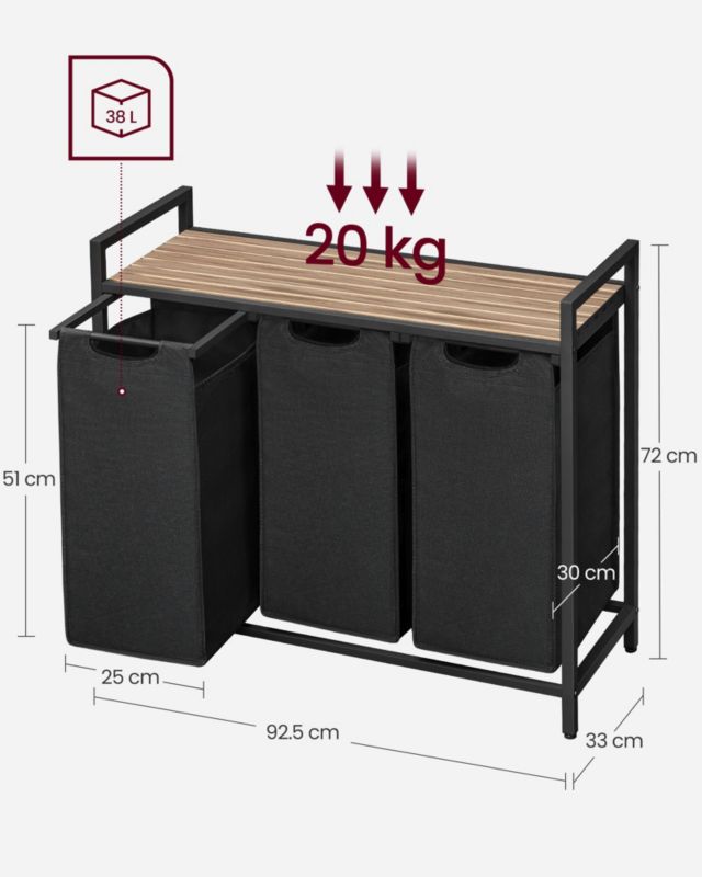 Vasketøjskurv med 3 rum og hylde 92,5x33x72 cm Sort | BLH301B50