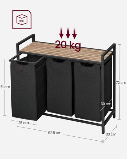 Vasketøjskurv med 3 rum og hylde 92,5x33x72 cm Sort | BLH301B50