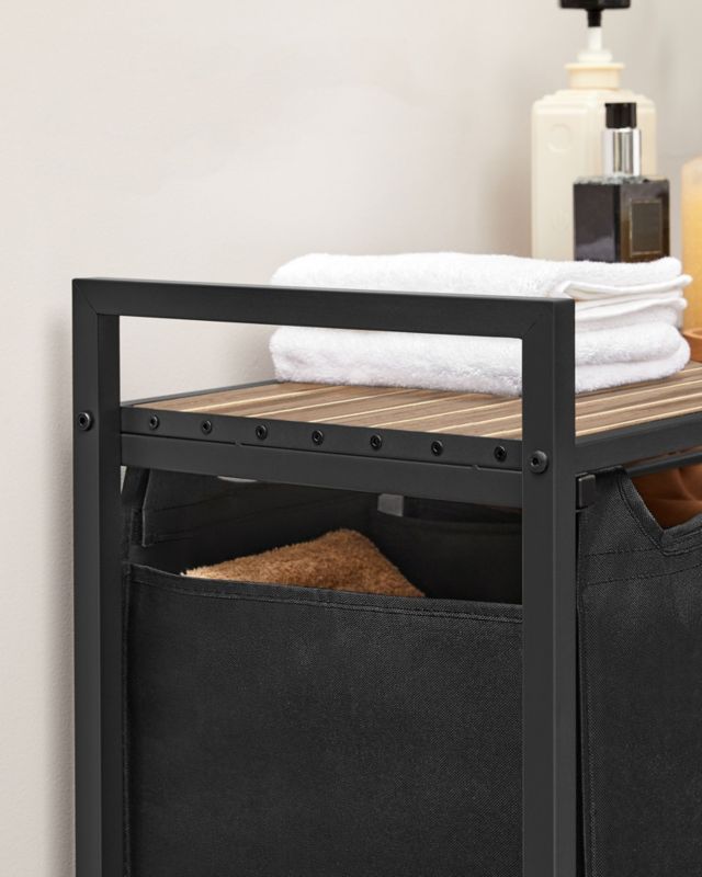 Vasketøjskurv med 3 rum og hylde 92,5x33x72 cm Sort | BLH301B50