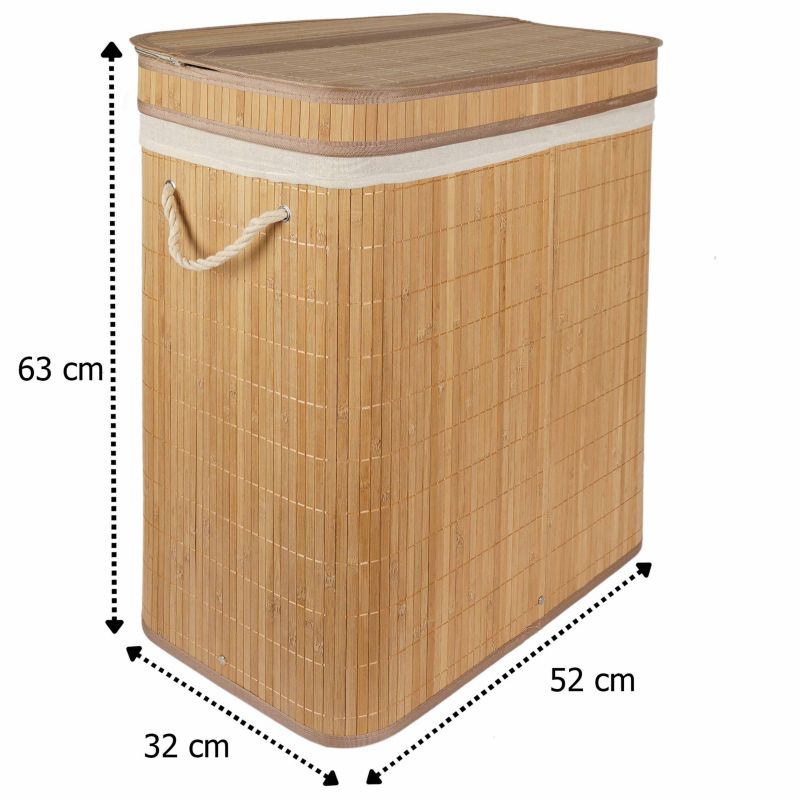 Bambusvasketøjskurv med 2 Rum 105 L Brun 52x32x63 cm