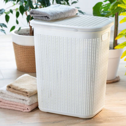 Vasketøjskurv 50 L Hvid Plast med Låg 44 x 33 x 53 cm