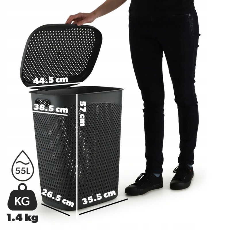 Vasketøjskurv 55 L Grå Plast med Låg 44 x 38,5 x 57 cm