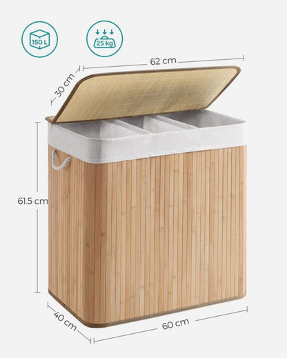 Bambus Vasketøjskurv 150 L 3 Rum Naturlig