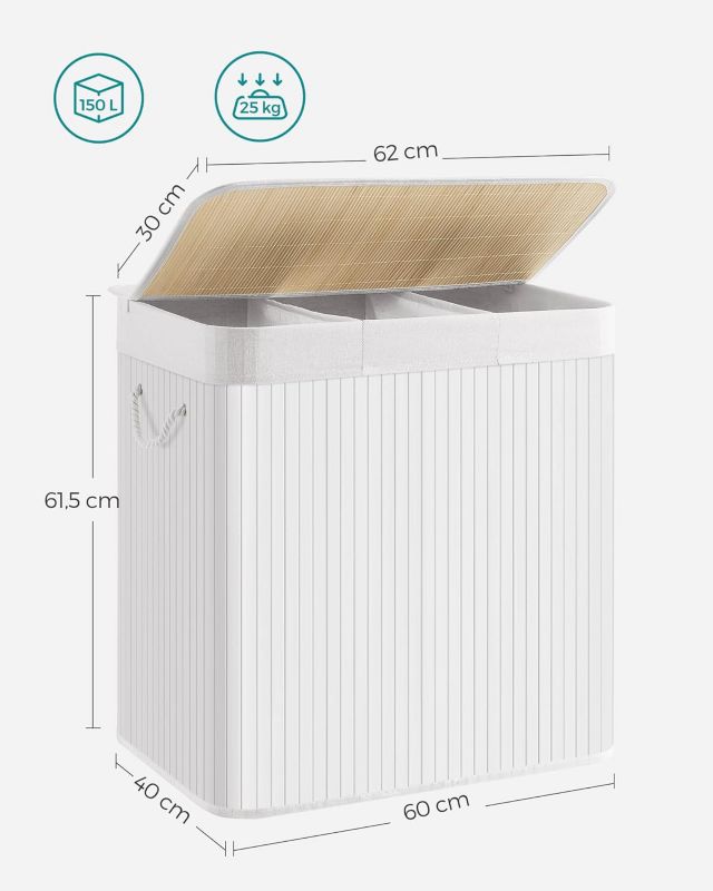 Bambus Vasketøjskurv 3 Rum 150 L Hvid 60x40x61,5 cm