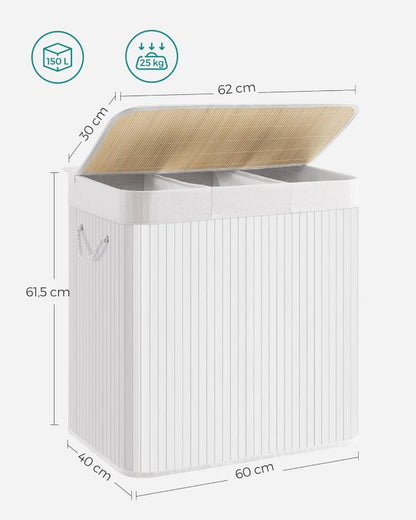 Bambus Vasketøjskurv 3 Rum 150 L Hvid 60x40x61,5 cm