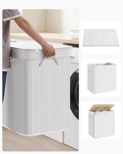 Bambus Vasketøjskurv 3 Rum 150 L Hvid 60x40x61,5 cm