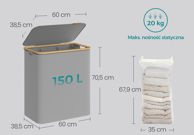 Vasketøjskurv med Låg 3 x 50 L Grå Stof
