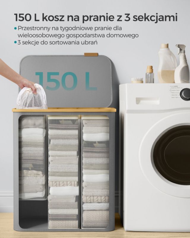 Vasketøjskurv med Låg 3 x 50 L Grå Stof