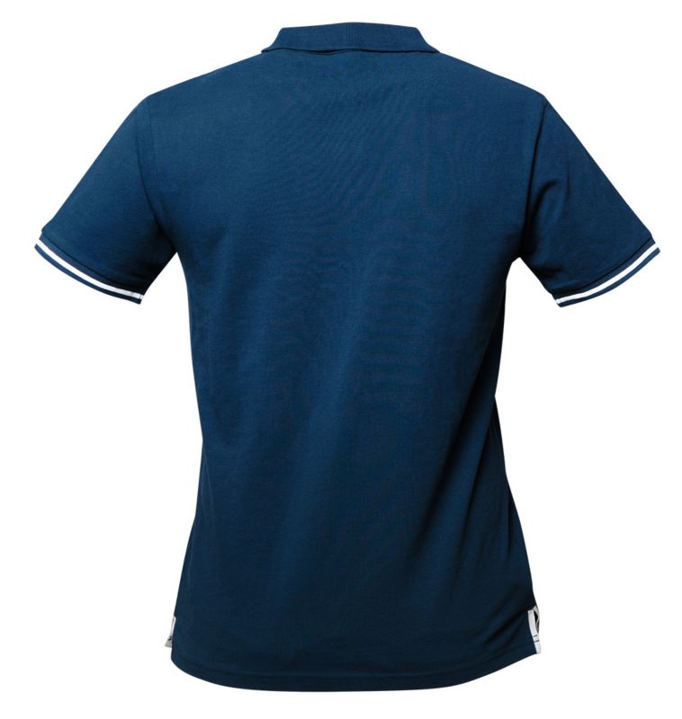 Denim polo-shirt med læderlogo, XL, navyblå, 1 stk.