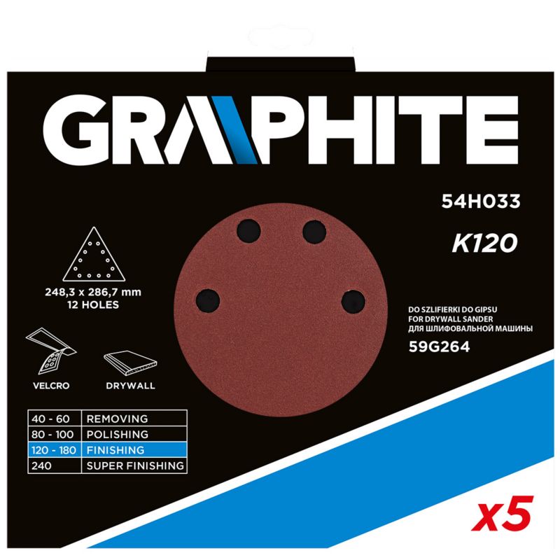 Kroglærred med velcro GRAPHITE 284 x 284 x 284 mm kornstørrelse K120, 5 stk.