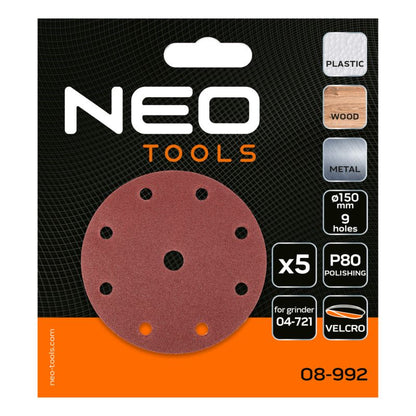 Slibeskiver NEO TOOLS 150 mm korn P80 1 sæt