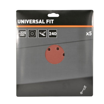 Universal velcro-slipskive 225 mm P240 med huller, 5 stk.
