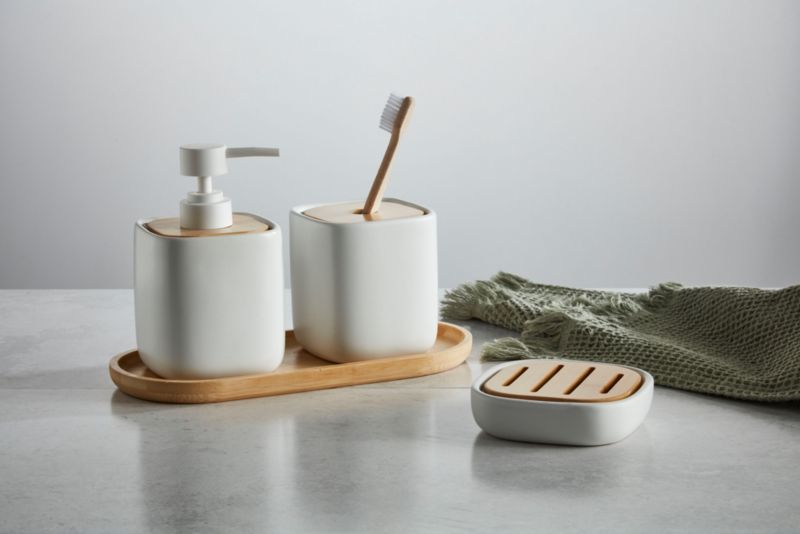 Badeværelseskrus Keramik og Bambus Hvid Mat 7,8x7,8x10,5 cm