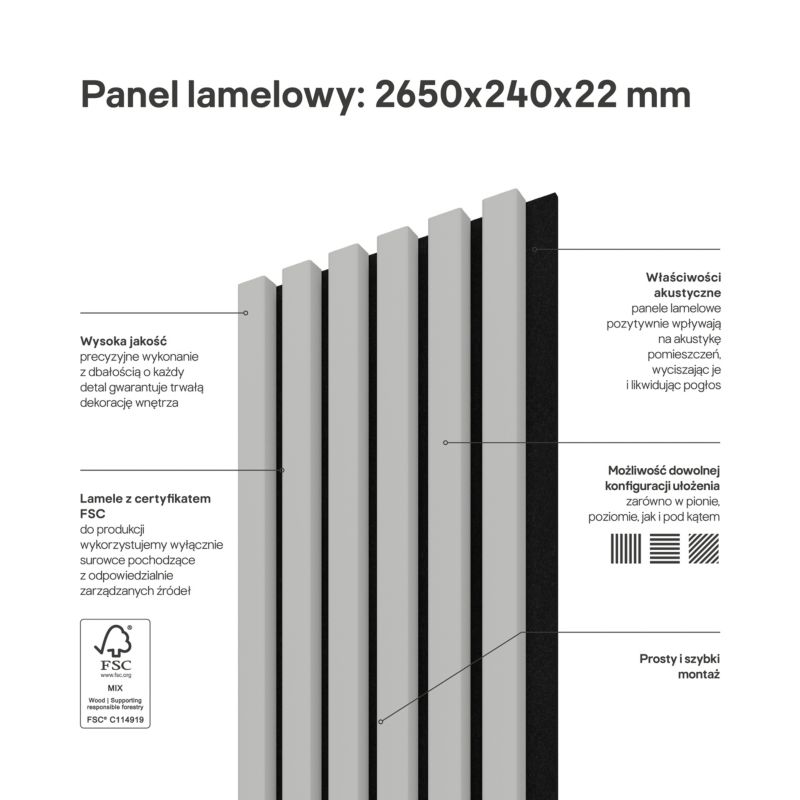 Stegu Acoustic Line væglamel 265 x 24,5 cm glacier grey / sort - 1 stk.