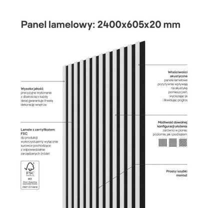 Stegu Linea ACOUSTIC PROline akustisk væglamel 240 x 60,5 cm hvid/sort - 1 stk.