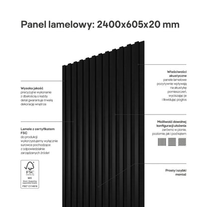 Stegu Linea ACOUSTIC PROline akustiske væglamel 240 x 60,5 cm sort/sort - 1 stk.