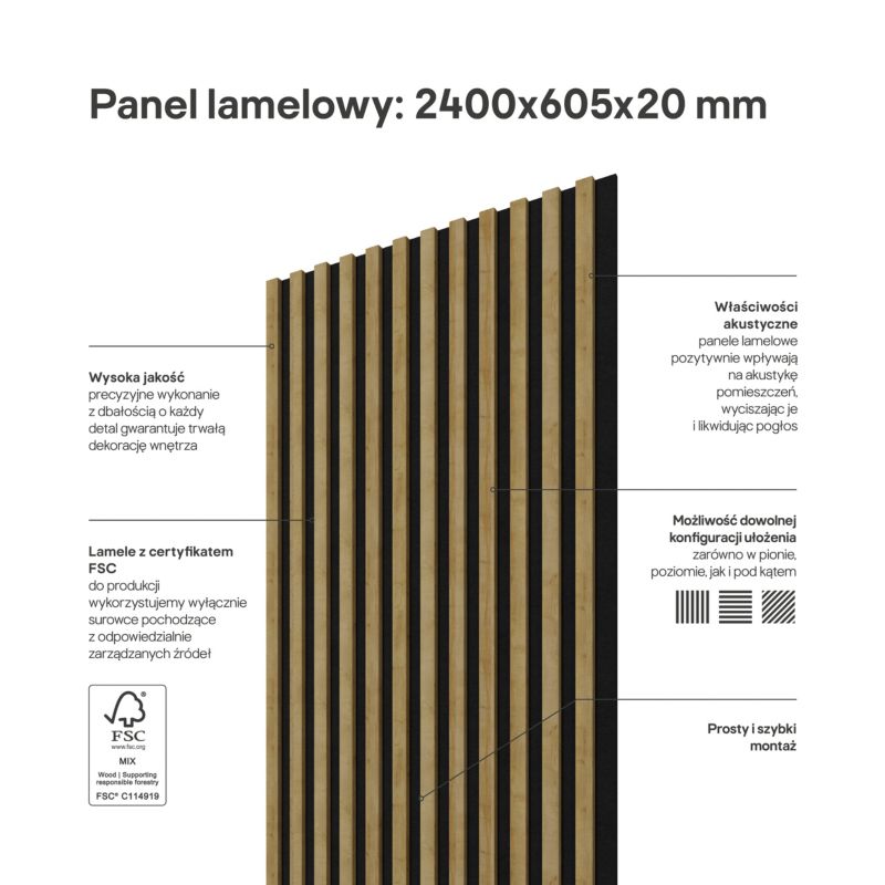 Stegu Linea ACOUSTIC PROline akustisk væglamel 240 x 60,5 cm eg/mat-sort - 1 stk.
