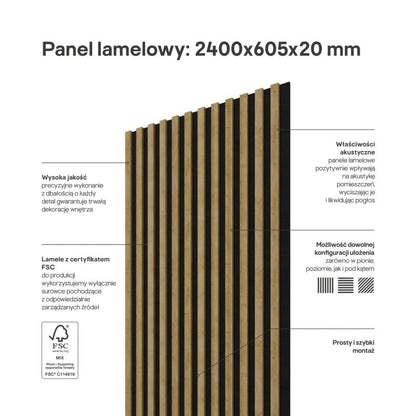 Stegu Linea ACOUSTIC PROline akustisk væglamel 240 x 60,5 cm eg/mat-sort - 1 stk.