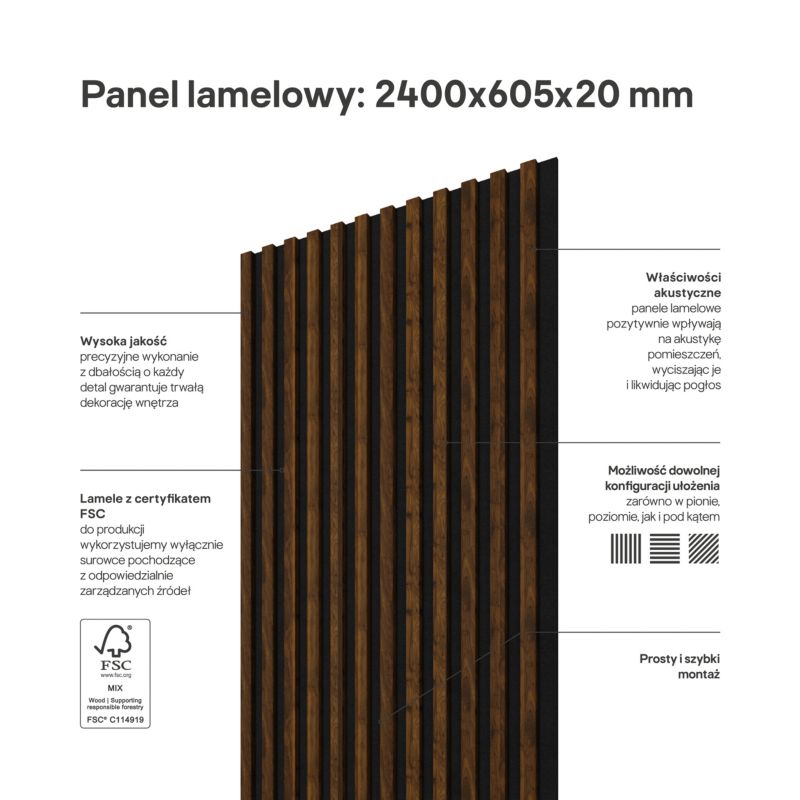 Stegu Linea ACOUSTIC PROline akustisk væglamel 240 x 60,5 cm hasselnød / sort - 1 stk.