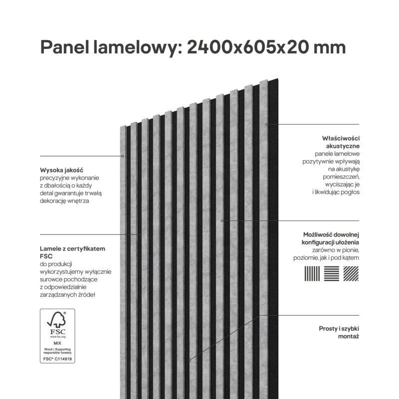 Stegu Linea ACOUSTIC PROline akustiske væglamel 240 x 60,5 cm grå/sort - 1 stk.