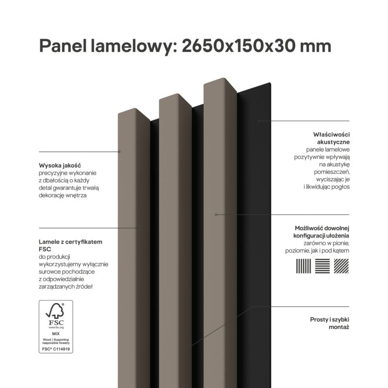Stegu Linea Slim væglamel 265 x 15 cm panel beige/sort 3 elementer - 1 stk.