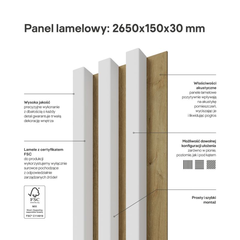 Stegu Linea Slim væglamel 265 x 15 cm panel hvid/eg 3 dele - 1 stk.