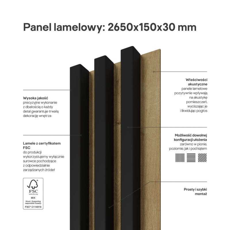 Stegu Linea Slim væglamel 265 x 15 cm panel sort / eg 3 elementer - 1 stk.