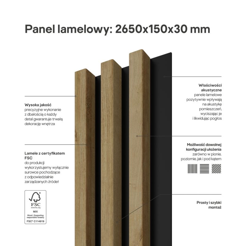 Stegu Linea Slim væglamel 265 x 15 cm panel i eg/sort, 3 elementer - 1 stk.