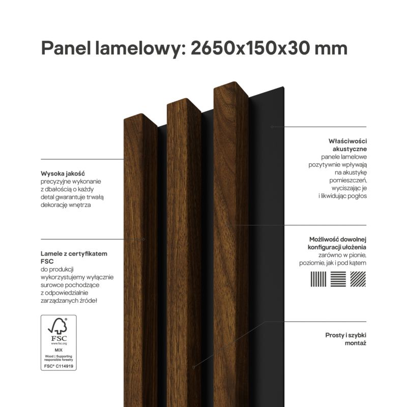 Stegu Linea Slim væglamel 265 x 15 cm panel hasselnød / sort 3 elementer - 1 stk.