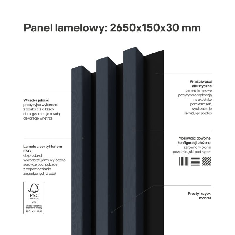 Stegu Linea Slim væglamel 265 x 15 cm panel blå/sort 3 elementer - 1 stk