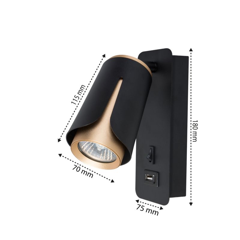 LED-natlampe til læsning XUDO GU10 væglampe mat-sort og guld med USB, 1 stk.